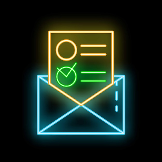 Icono de neón de sobre con elementos marcados en el documento que representa la encuesta en línea