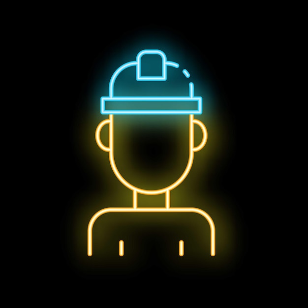 Icono de neón de un trabajador de la construcción que usa un casco para la seguridad