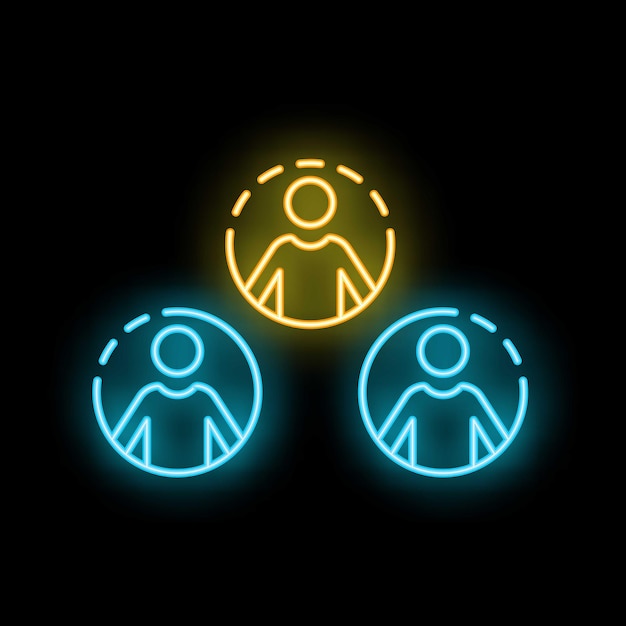 Icono de neón de tres personas de negocios que representan un equipo y liderazgo