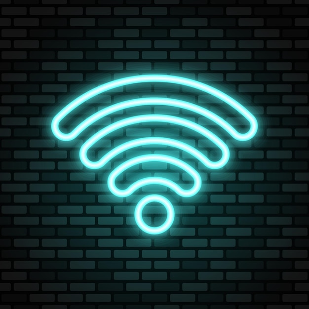 Vector icono de neón wifi. señal de neón azul en la pared de ladrillo oscuro.