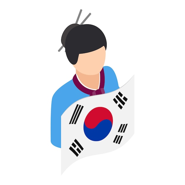 Icono de niña coreana vector isométrico Mujer en traje nacional con bandera del país Ropa tradicional coreana hanbok