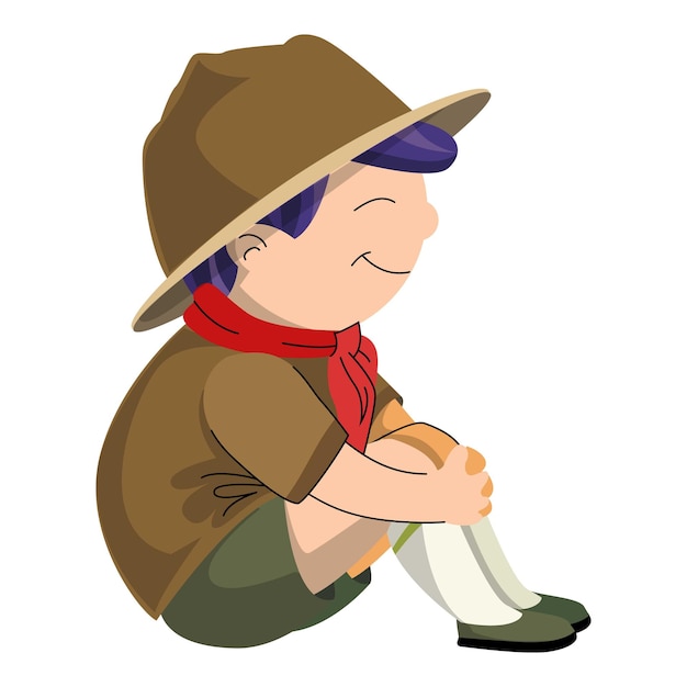 Icono de niño explorador sentado Caricatura de niño explorador sentado icono de vector para diseño web aislado sobre fondo blanco