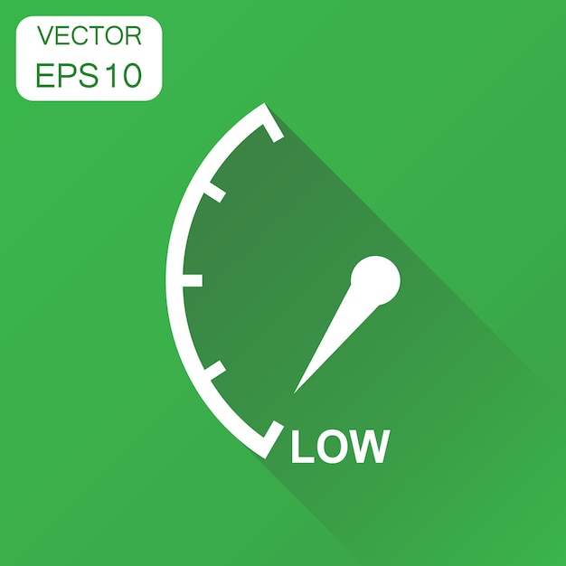 Icono de nivel bajo de combustible del taquímetro del velocímetro Pictograma de clasificación de nivel bajo del concepto empresarial Ilustración vectorial en fondo verde con sombra larga