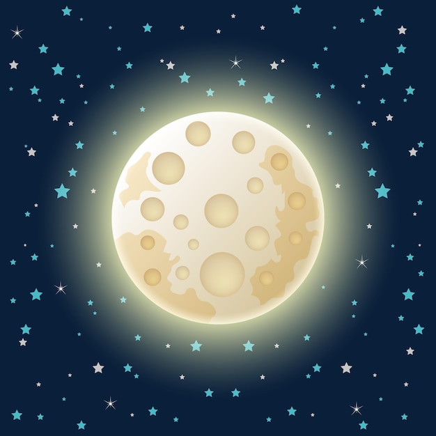 Icono de noche de luna llena en estilo plano Ilustración de vector de paisaje lunar sobre fondo aislado Concepto de negocio de signo de astrología