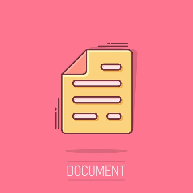 Icono de nota de documento en estilo cómico Pictograma de ilustración de dibujos animados de vector de hoja de papel Efecto de salpicadura de concepto de negocio de documento de Bloc de notas