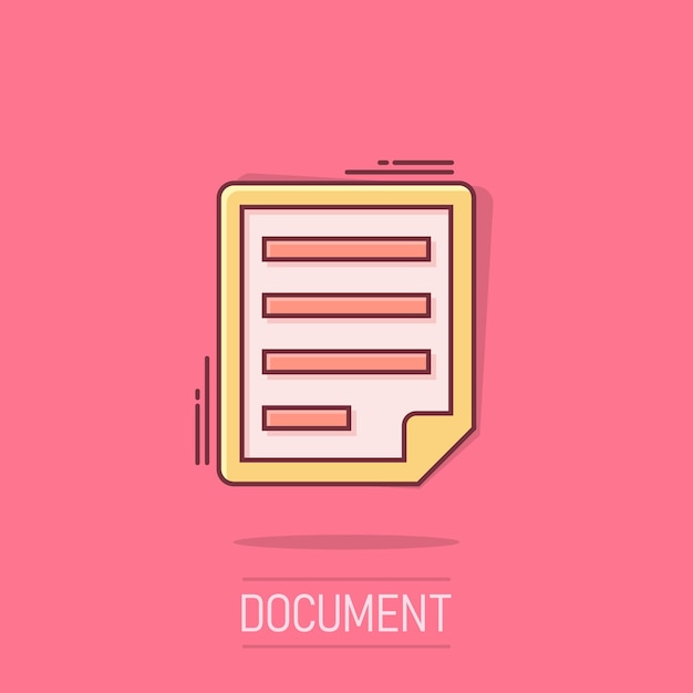 Icono de nota de documento en estilo cómico Pictograma de ilustración de dibujos animados de vector de hoja de papel Efecto de salpicadura de concepto de negocio de documento de Bloc de notas