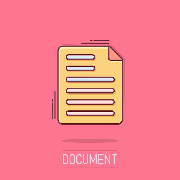 Icono de nota de documento en estilo cómico Pictograma de ilustración de dibujos animados de vector de hoja de papel Efecto de salpicadura de concepto de negocio de documento de Bloc de notas
