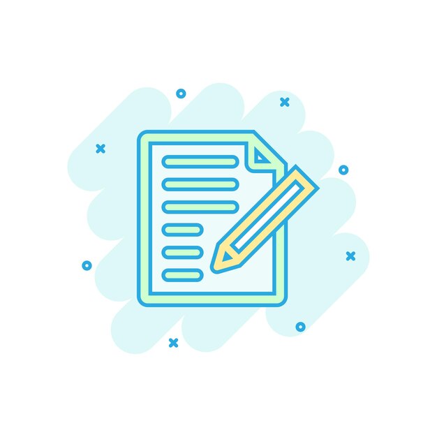Icono de nota de documento en estilo cómico Pictograma de ilustración de dibujos animados de vector de hoja de papel Efecto de salpicadura de concepto de negocio de documento de Bloc de notas