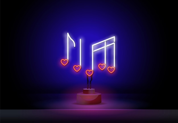 Icono de nota musical de forma de corazón de neón aislado sobre fondo negro amor concepto de romance de día de san valentín...