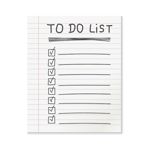 Icono de nota de papel de línea realista en estilo plano Icono de lista de tareas con ilustración de vector de texto dibujado a mano sobre fondo aislado Concepto de negocio de signo de cuaderno de papelería de oficina