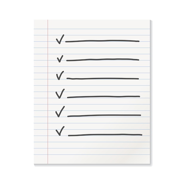 Icono de nota de papel de línea realista en estilo plano Icono de lista de tareas con ilustración de vector de texto dibujado a mano sobre fondo aislado Concepto de negocio de signo de cuaderno de papelería de oficina