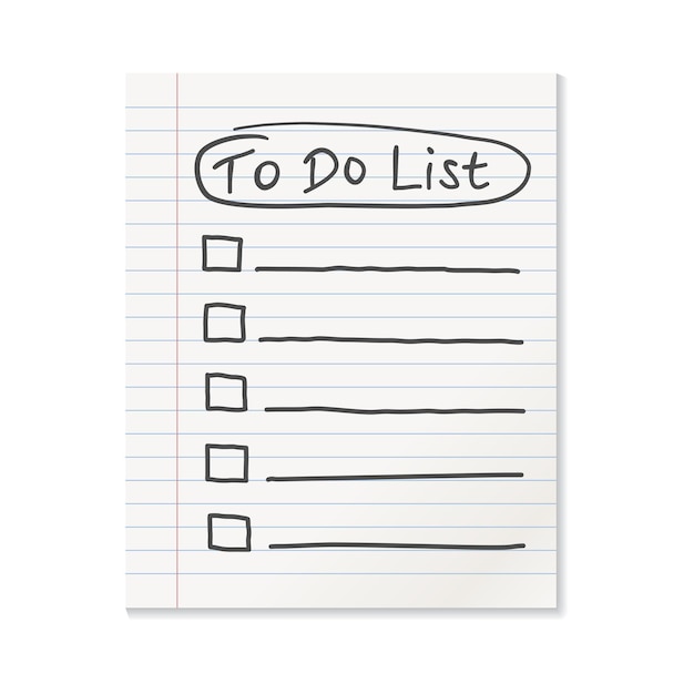 Icono de nota de papel de línea realista en estilo plano Icono de lista de tareas con ilustración de vector de texto dibujado a mano sobre fondo aislado Concepto de negocio de signo de cuaderno de papelería de oficina