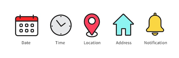 Ícono de notificación de dirección de fecha hora ubicación ubicación de reloj calendario pin icono de campana de casa conjunto de íconos web