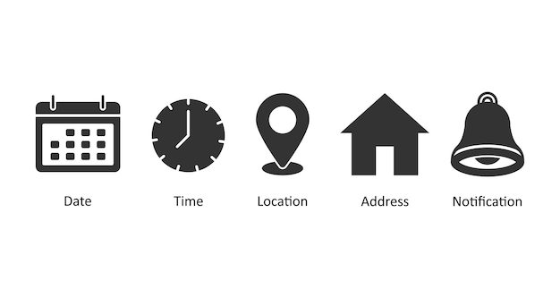 Ícono de notificación de ubicación de fecha, hora, dirección, ubicación del reloj, pin de la campana de casa, icono del conjunto de íconos web, ilustración vectorial