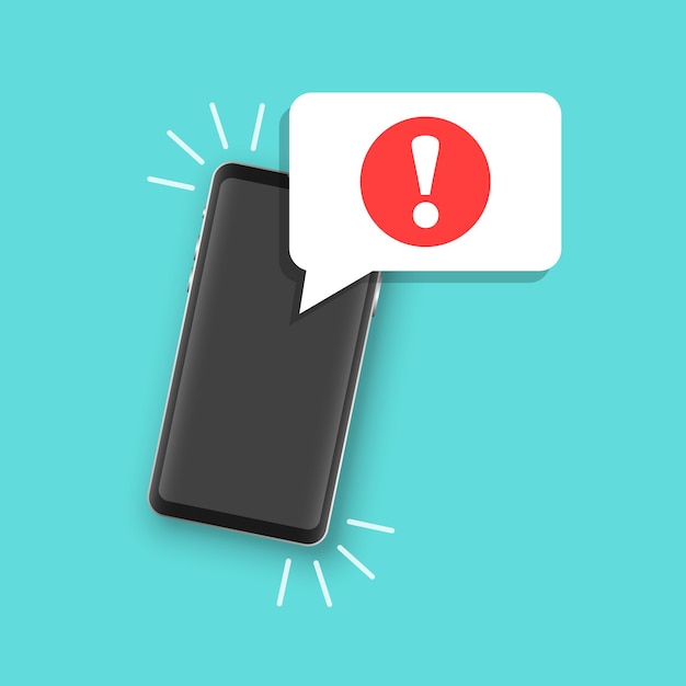 Icono de notificaciones telefónicas en estilo plano smartphone con ilustración de vector de signo de exclamación sobre fondo aislado concepto de negocio de signo de mensaje de spam