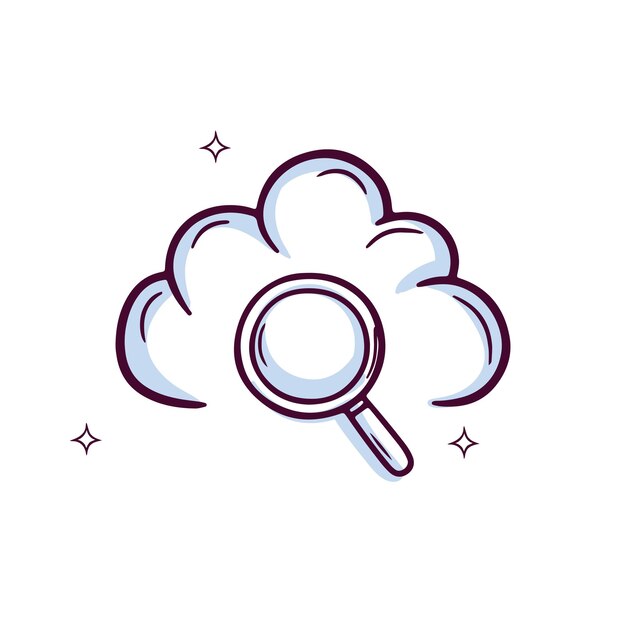 Icono de nube dibujado a mano con lente de ampliación Ilustración vectorial de boceto de Doodle