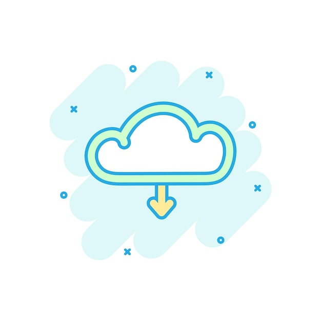 Icono de nube de Internet de colores de dibujos animados en estilo cómico Descargar pictograma de ilustración Signo de nube concepto de negocio de salpicaduras