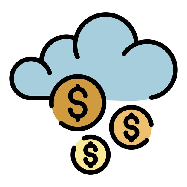 Icono de nube de moneda de dinero Contorno de icono de vector de nube de moneda de dinero color plano aislado