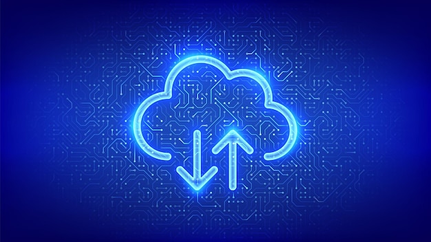 Icono de nube Servicio de computación en nube Almacenamiento de bases de datos Centro de datos Transferir datos Almacenamiento seguro en nube Cargar descarga de la aplicación Tabla de circuitos patrón PCB textura de circuitos impresos Ilustración vectorial