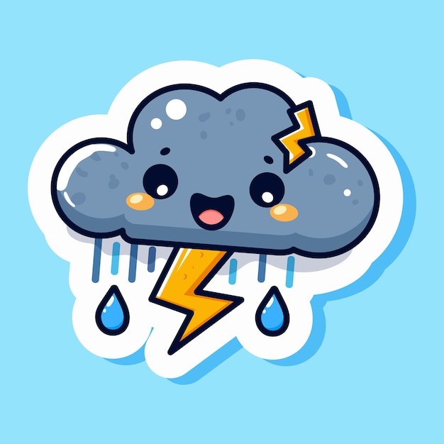 El icono de la nube de tormenta es un personaje de diseño de dibujos animados bonito, el símbolo de la lluvia de trueno y el relámpago, el dibujo de niños, la expresión de emoji aislada en fondo azul, la ilustración vectorial.