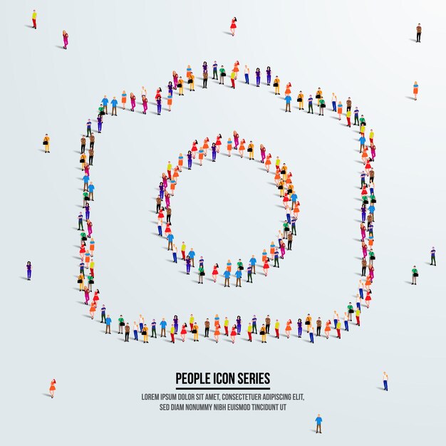icono o concepto de cámara. un gran grupo de personas se forma para crear una cámara de forma. ilustración vectorial