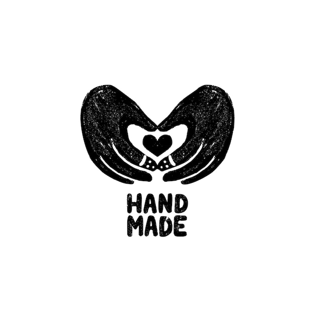 Icono o logotipo hecho a mano. Icono de sello vintage con imagen de manos y corazón y letras hechas a mano. Ilustración vintage para banner y etiqueta