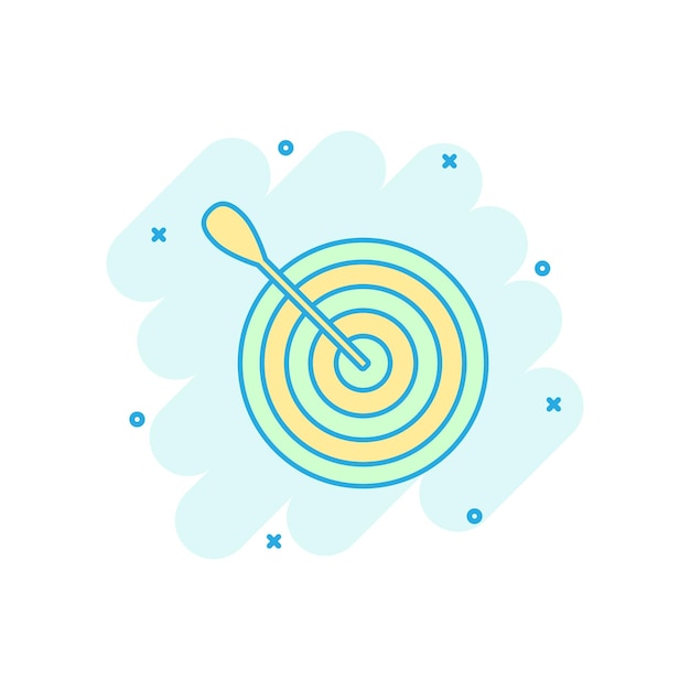 Icono de objetivo de destino de dibujos animados de vector en estilo cómico Pictograma de ilustración de juego de dardos Concepto de efecto de salpicadura de objetivo de deporte de tablero de dardos