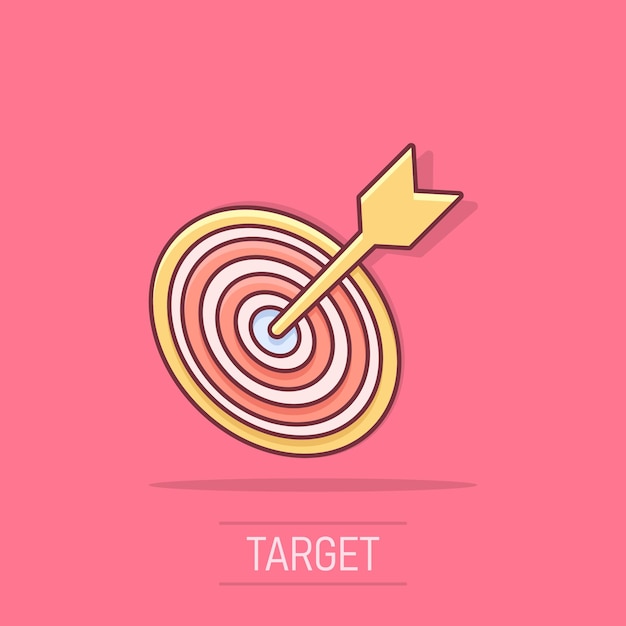 Icono de objetivo de dibujos animados de vector en estilo cómico Pictograma de ilustración de signo de juego de dardos Concepto de efecto de salpicadura de negocio de éxito