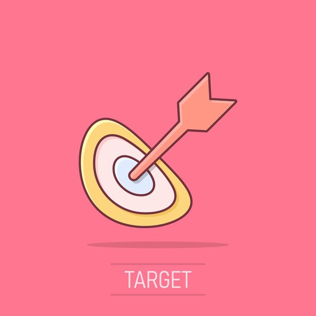 Icono de objetivo de dibujos animados de vector en estilo cómico Pictograma de ilustración de signo de juego de dardos Concepto de efecto de salpicadura de negocio de éxito