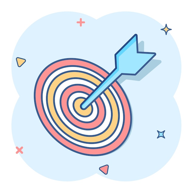 Icono de objetivo de dibujos animados de vector en estilo cómico Pictograma de ilustración de signo de juego de dardos Concepto de efecto de salpicadura de negocio de éxito