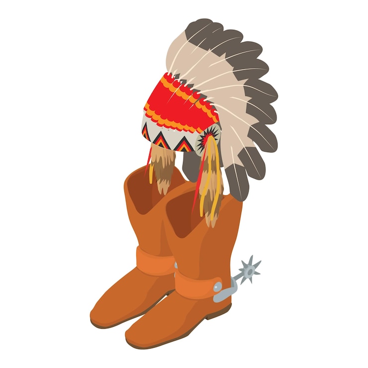 Vector icono del oeste americano vector isométrico bota de vaquero de cuero y tocado indio sombreros y calzado tradicionales