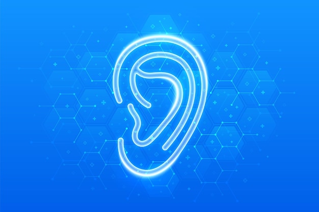 Icono del oído Otolaringología Cuidado del oído Diagnóstico y tratamiento de problemas de audición y sordera Audiología pérdida de audición Estructura molecular Fondo médico azul con hexágonos Ilustración vectorial