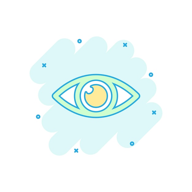 Icono de ojo de dibujos animados de vector en estilo cómico Pictograma de ilustración de signo de mirada de globo ocular Concepto de efecto de salpicadura de negocio de ojo