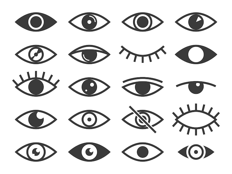 Vector icono de ojo. medicina supervisión salud ojos abiertos y cerrados, mirada y visión, sueño. lente de observación y globo ocular, óptica visible, conjunto de pictogramas