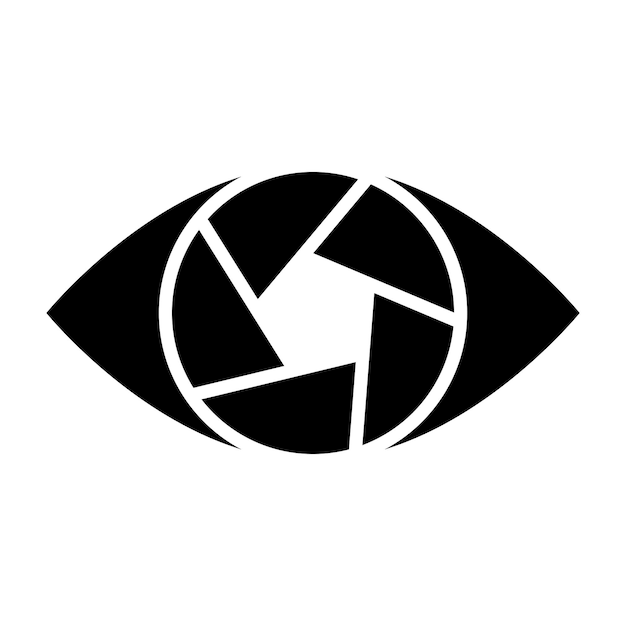 Icono de ojo de obturador abstracto negro sobre un fondo blanco