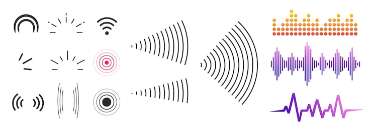 Vector icono de ondas de radio de señal, símbolos de radar de tecnología inalámbrica, conjunto de rayos de transmisión de sonar de detección de antena