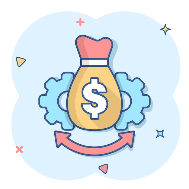 Icono de optimización de dinero en estilo cómic Ilustración de vector de dibujos animados efectivo de engranaje sobre fondo blanco aislado Concepto de negocio de efecto de salpicadura de proceso de finanzas