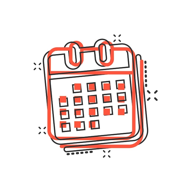 Icono de organizador de calendario en estilo cómic Ilustración de dibujos animados de vector de evento de cita sobre fondo blanco aislado Efecto de salpicadura de concepto de negocio de fecha límite de mes