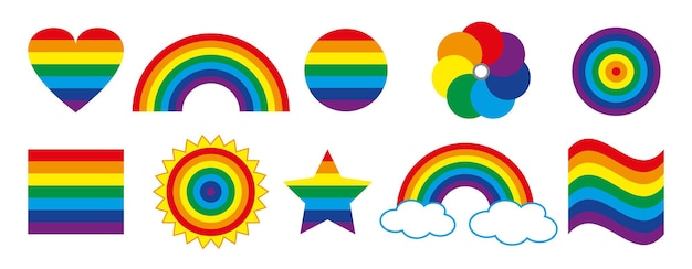 Icono de orgullo LGBTQ en colores del arco iris Signos de diseño plano aislados sobre fondo blanco