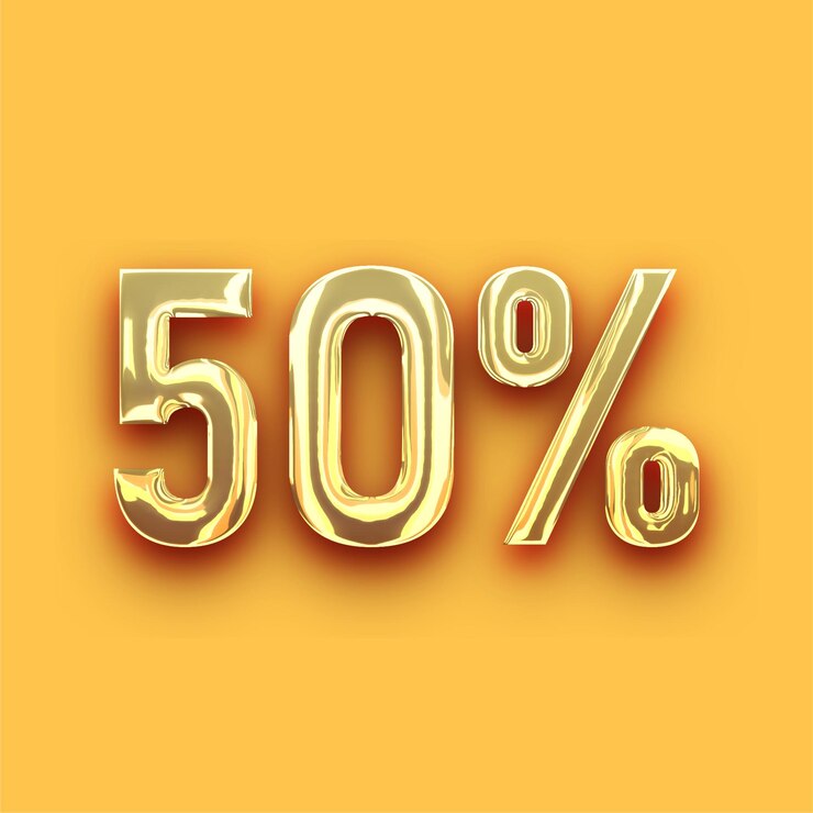 Vector icono de oro cromo premium del 50 por ciento con fondo amarillo personalizable