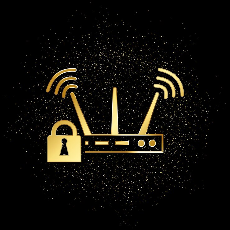 Vector icono de oro de seguridad de bloqueo wi-fi ilustración vectorial de fondo de partículas doradas en la oscuridad