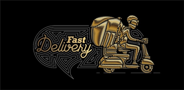 Icono de oro servicio de entrega de scooter de paseo de chico de entrega, pedido, envío rápido, fondo de vector.