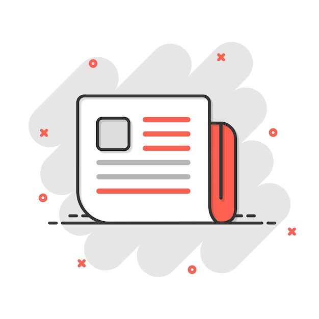 Icono de página de revista en estilo cómico Ilustración de dibujos animados de vector de noticias sobre fondo blanco aislado Concepto de negocio de efecto de salpicadura de folleto