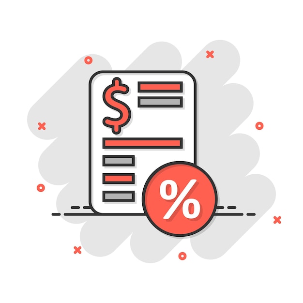Icono de pago de impuestos en estilo cómico Ilustración de vector de dibujos animados de factura de presupuesto sobre fondo blanco aislado Calcular concepto de negocio de efecto de salpicadura de documento