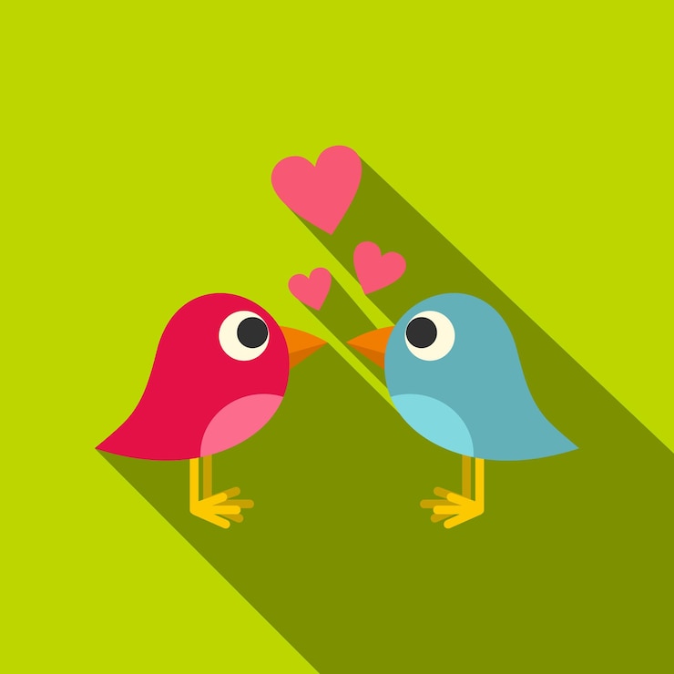 Vector icono de pájaros azules y rosados con corazones ilustración plana de pájaros azules y rosados con ícono de vector de corazones para web sobre fondo de lima