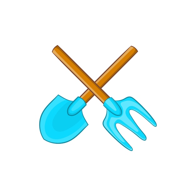 Icono de pala y horca en estilo de dibujos animados sobre un fondo blanco