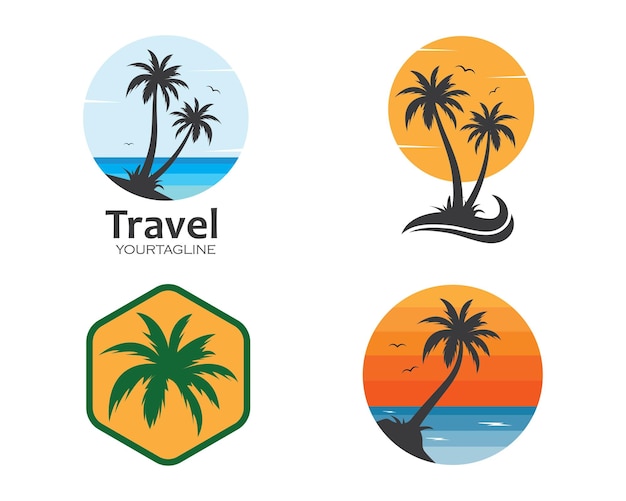 Icono de palmera de verano y diseño de ilustración de vector de logotipo de viaje