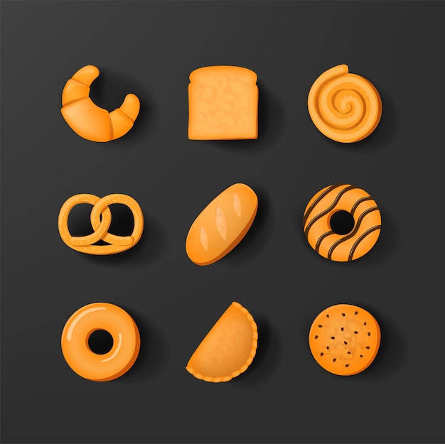 Vector el icono de la panadería se establece en un diseño 3d realista de pan, rosquilla o galleta