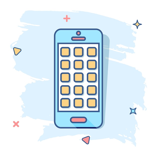 Icono de pantalla de teléfono inteligente en estilo cómic Ilustración de vector de dibujos animados de teléfono móvil sobre fondo blanco aislado Concepto de negocio de efecto de salpicadura de teléfono
