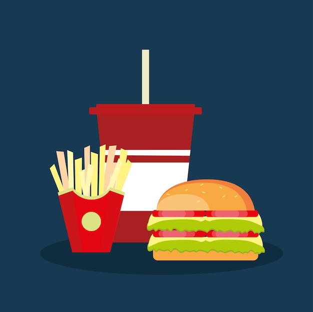 Icono con papas fritas y hamburguesa doble ilustración vectorial